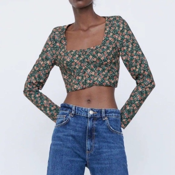Zara Print Crop Top Long Sleeve Rose 